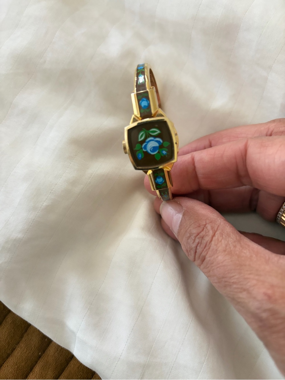Gold-Tone Floral Enamel Bracelet Watch with Blue Rose Motif